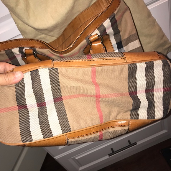 Burberry Check Canvas Leather Hobo Bag Tote - Picture 7 of 8